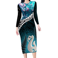 Personalised New Zealand Maori Family Matching Long Sleeve Bodycon Dress and Hawaiian Shirt Manaia Paua Shell Turquoise LT7 Mom's Dress Turquoise - Polynesian Pride