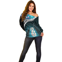 Personalised New Zealand Maori Off Shoulder Sweater Manaia Paua Shell Turquoise LT7 - Polynesian Pride