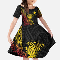 Personalized Papua New Guinea Kid Short Sleeve Dress Kundu Drum Carving Motifs LT7 KID Black - Polynesian Pride