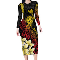 Personalized Papua New Guinea Long Sleeve Bodycon Dress Kundu Drum Carving Motifs LT7 Long Dress Black - Polynesian Pride
