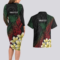 Personalized Papua New Guinea Couples Matching Long Sleeve Bodycon Dress and Hawaiian Shirt Kundu Drum Motifs - Sepik Colors