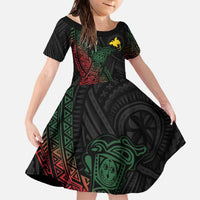 Personalized Papua New Guinea Family Matching Off The Shoulder Long Sleeve Dress and Hawaiian Shirt Kundu Drum Motifs - Sepik Colors LT7 - Polynesian Pride