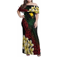 Personalized Papua New Guinea Family Matching Off Shoulder Maxi Dress and Hawaiian Shirt Kundu Drum Motifs - Sepik Colors