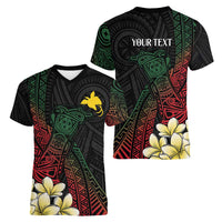 Personalized Papua New Guinea Women V-Neck T-Shirt Kundu Drum Motifs - Sepik Colors