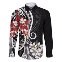 Bula Fiji Tagimaucia Mix Plumeria Masi Tapa Family Matching Mermaid Dress and Hawaiian Shirt Black LT7 Dad's Shirt - Long Sleeve Black - Polynesian Pride