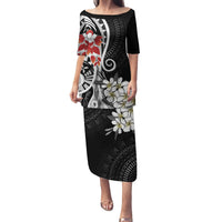 Bula Fiji Tagimaucia Mix Plumeria Masi Tapa Family Matching Puletasi and Hawaiian Shirt Black LT7 Mom's Dress Black - Polynesian Pride
