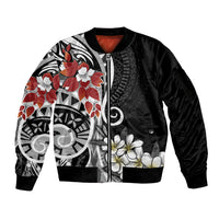 Bula Fiji Tagimaucia Mix Plumeria Masi Tapa Sleeve Zip Bomber Jacket Black LT7 Unisex Black - Polynesian Pride