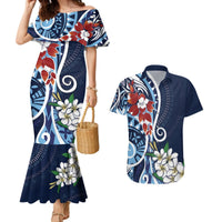 Bula Fiji Tagimaucia Mix Plumeria Masi Tapa Couples Matching Mermaid Dress and Hawaiian Shirt Blue LT7 Blue - Polynesian Pride