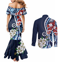 Bula Fiji Tagimaucia Mix Plumeria Masi Tapa Couples Matching Mermaid Dress and Long Sleeve Button Shirt Blue LT7 - Polynesian Pride