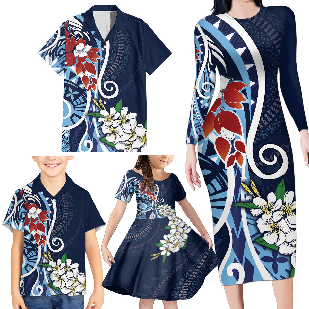 Bula Fiji Tagimaucia Mix Plumeria Masi Tapa Family Matching Long Sleeve Bodycon Dress and Hawaiian Shirt Blue LT7 - Polynesian Pride