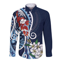 Bula Fiji Tagimaucia Mix Plumeria Masi Tapa Long Sleeve Button Shirt Blue LT7 Unisex Blue - Polynesian Pride