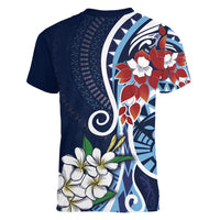 Bula Fiji Tagimaucia Mix Plumeria Masi Tapa Women V Neck T Shirt Blue LT7 - Polynesian Pride