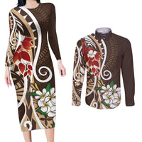 Bula Fiji Tagimaucia Mix Plumeria Masi Tapa Couples Matching Long Sleeve Bodycon Dress and Long Sleeve Button Shirt Brown LT7 Brown - Polynesian Pride