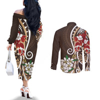 Bula Fiji Tagimaucia Mix Plumeria Masi Tapa Couples Matching Off The Shoulder Long Sleeve Dress and Long Sleeve Button Shirt Brown LT7 - Polynesian Pride