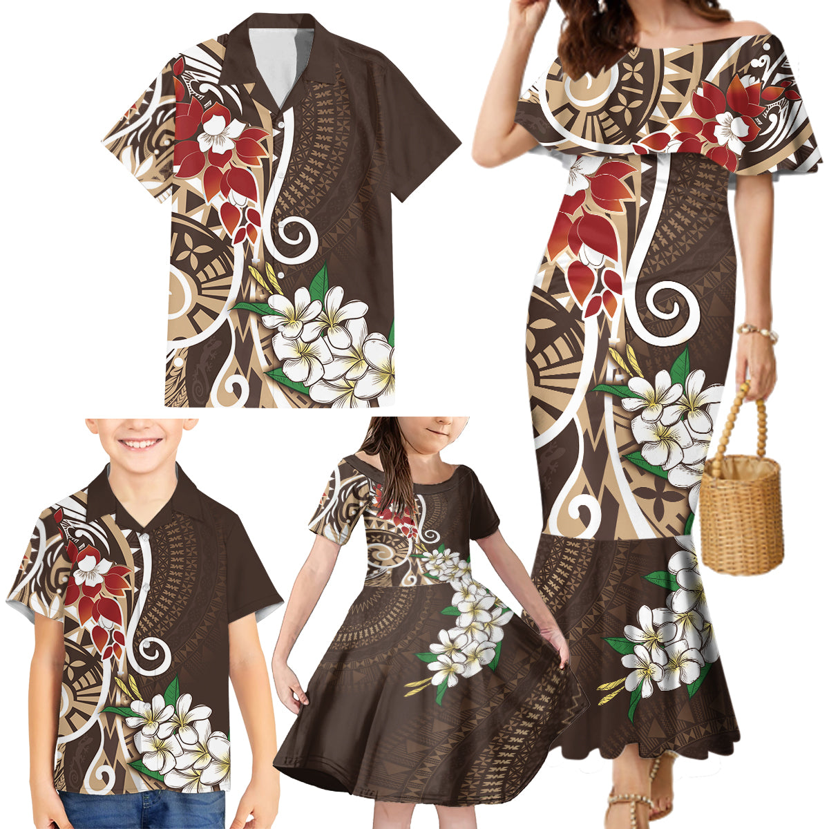 Bula Fiji Tagimaucia Mix Plumeria Masi Tapa Family Matching Mermaid Dress and Hawaiian Shirt Brown LT7 - Polynesian Pride