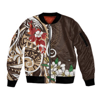 Bula Fiji Tagimaucia Mix Plumeria Masi Tapa Sleeve Zip Bomber Jacket Brown LT7 Unisex Brown - Polynesian Pride