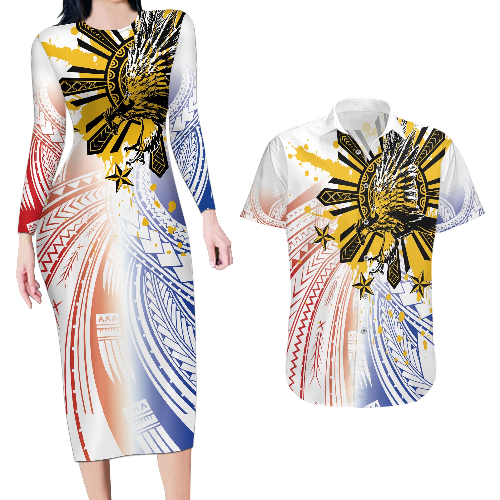 Philippines Independence Day Couples Matching Long Sleeve Bodycon Dress and Hawaiian Shirt Eagle Mix Filipino Flag Tribal Style