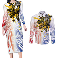 Philippines Independence Day Couples Matching Long Sleeve Bodycon Dress and Long Sleeve Button Shirt Eagle Mix Filipino Flag Tribal Style