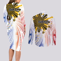 Philippines Independence Day Couples Matching Long Sleeve Bodycon Dress and Long Sleeve Button Shirt Eagle Mix Filipino Flag Tribal Style