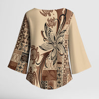 Talofa Samoa Mamanu Siapo Mix Malu Kimono Sleeve Blouse Classic Beige Frangipani and Turtles