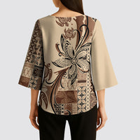 Talofa Samoa Mamanu Siapo Mix Malu Kimono Sleeve Blouse Classic Beige Frangipani and Turtles