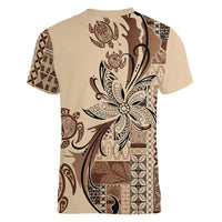 Talofa Samoa Mamanu Siapo Mix Malu Women V-Neck T-Shirt Classic Beige Frangipani and Turtles