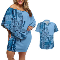 Talofa Samoa Mamanu Siapo Mix Malu Couples Matching Off Shoulder Short Dress and Hawaiian Shirt Cool Blue Frangipani and Turtles