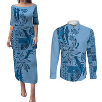 Talofa Samoa Mamanu Siapo Mix Malu Couples Matching Puletasi and Long Sleeve Button Shirt Cool Blue Frangipani and Turtles LT7 Blue - Polynesian Pride