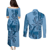 Talofa Samoa Mamanu Siapo Mix Malu Couples Matching Puletasi and Long Sleeve Button Shirt Cool Blue Frangipani and Turtles LT7 - Polynesian Pride