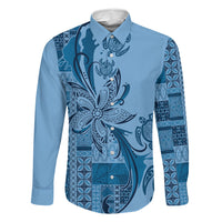 Talofa Samoa Mamanu Siapo Mix Malu Family Matching Long Sleeve Bodycon Dress and Hawaiian Shirt Cool Blue Frangipani and Turtles LT7 Dad's Shirt - Long Sleeve Blue - Polynesian Pride
