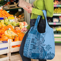 Talofa Samoa Mamanu Siapo Mix Malu Grocery Bag Cool Blue Frangipani and Turtles