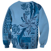 Talofa Samoa Mamanu Siapo Mix Malu Sweatshirt Cool Blue Frangipani and Turtles