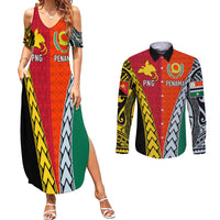 Personalised Papua New Guinea Mix Penama Couples Matching Summer Maxi Dress and Long Sleeve Button Shirts Tribal Patterns Half-Half Style LT7 Colorful - Polynesian Pride