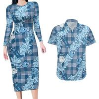 Blue Palaka Hawaii Cowboy Christmas Couples Matching Long Sleeve Bodycon Dress and Hawaiian Shirt Paniolo Mix Maile Lei - Polynesian Pride
