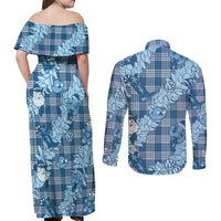 Blue Palaka Hawaii Cowboy Christmas Couples Matching Off Shoulder Maxi Dress and Long Sleeve Button Shirt Paniolo Mix Maile Lei - Polynesian Pride
