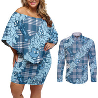 Blue Palaka Hawaii Cowboy Christmas Couples Matching Off Shoulder Short Dress and Long Sleeve Button Shirt Paniolo Mix Maile Lei - Polynesian Pride