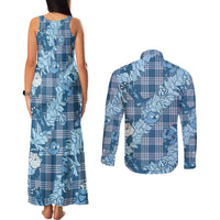 Blue Palaka Hawaii Cowboy Christmas Couples Matching Tank Maxi Dress and Long Sleeve Button Shirt Paniolo Mix Maile Lei - Polynesian Pride