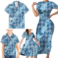 Blue Palaka Hawaii Cowboy Christmas Family Matching Short Sleeve Bodycon Dress and Hawaiian Shirt Paniolo Mix Maile Lei - Polynesian Pride