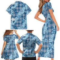 Blue Palaka Hawaii Cowboy Christmas Family Matching Short Sleeve Bodycon Dress and Hawaiian Shirt Paniolo Mix Maile Lei - Polynesian Pride