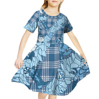 Blue Palaka Hawaii Cowboy Christmas Kid Short Sleeve Dress Paniolo Mix Maile Lei - Polynesian Pride