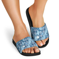 Blue Palaka Hawaii Cowboy Christmas Slide Sandals Paniolo Mix Maile Lei - Polynesian Pride