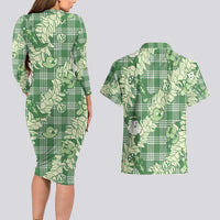 Green Palaka Hawaii Cowboy Christmas Couples Matching Long Sleeve Bodycon Dress and Hawaiian Shirt Paniolo Mix Maile Lei - Polynesian Pride