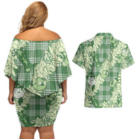 Green Palaka Hawaii Cowboy Christmas Couples Matching Off Shoulder Short Dress and Hawaiian Shirt Paniolo Mix Maile Lei - Polynesian Pride
