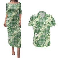 Green Palaka Hawaii Cowboy Christmas Couples Matching Puletasi and Hawaiian Shirt Paniolo Mix Maile Lei - Polynesian Pride