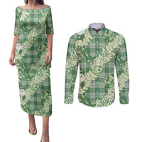 Green Palaka Hawaii Cowboy Christmas Couples Matching Puletasi and Long Sleeve Button Shirt Paniolo Mix Maile Lei - Polynesian Pride