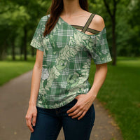 Green Palaka Hawaii Cowboy Christmas Cross Shoulder Shirt Paniolo Mix Maile Lei - Polynesian Pride