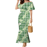 Green Palaka Hawaii Cowboy Christmas Family Matching Mermaid Dress and Hawaiian Shirt Paniolo Mix Maile Lei - Polynesian Pride