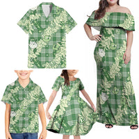 Green Palaka Hawaii Cowboy Christmas Family Matching Off Shoulder Maxi Dress and Hawaiian Shirt Paniolo Mix Maile Lei - Polynesian Pride