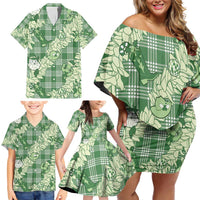 Green Palaka Hawaii Cowboy Christmas Family Matching Off Shoulder Short Dress and Hawaiian Shirt Paniolo Mix Maile Lei - Polynesian Pride