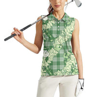 Green Palaka Hawaii Cowboy Christmas Women Sleeveless Polo Shirt Paniolo Mix Maile Lei - Polynesian Pride